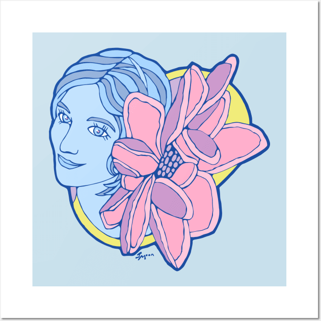 Pretty Woman in Blues with Giant Pink Flower Wall Art by Julia Moon